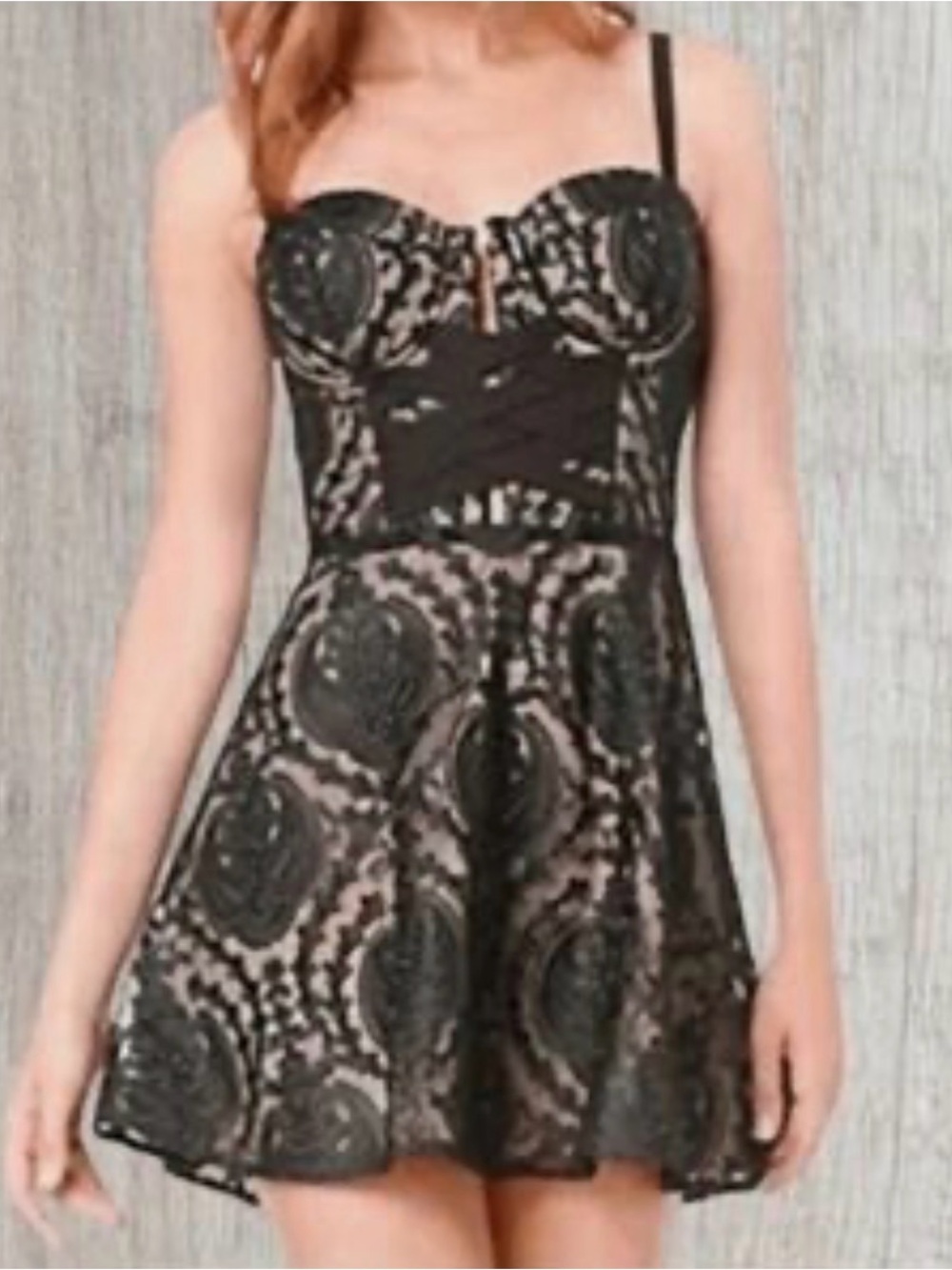 NWT Bebe x Naven Lace Bustier Fit & Flare Dress Black Nude Size 6